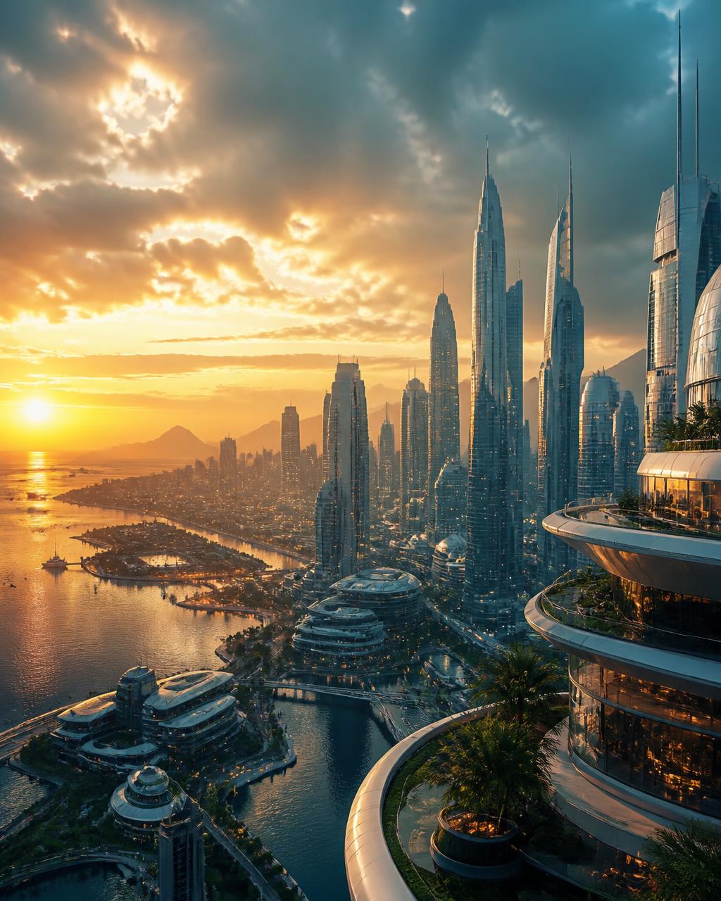 Cinematic futuristic coastal city generated with XM Digital Services LLC